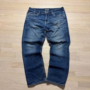 Salvage Anarchy Mens 34R Distressed Relaxed Fit Straight Jeans Dark Wash Denim